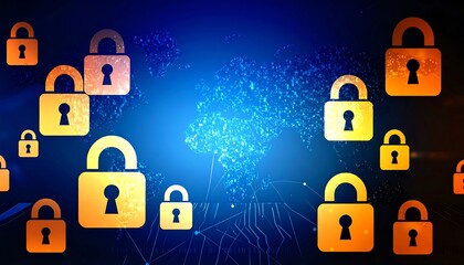 Many lock icons appear against a backdrop of digital circuitry and a dotted world map, conveying a concept of online security and digital protection.