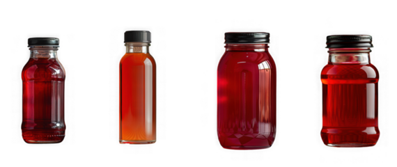 Four small glass bottles containing red colored liquids isolated on transparent background