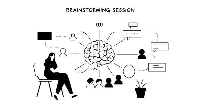 Handdrawn mind map concept for a brainstorming session with a central brain and connected icons.