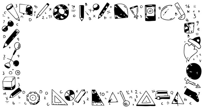 Handdrawn rectangular frame of black and white school math and science doodles.