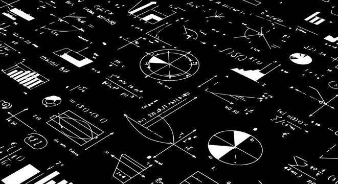 Handdrawn scientific formulas mathematical equations and graphs sketched in white on a black background.