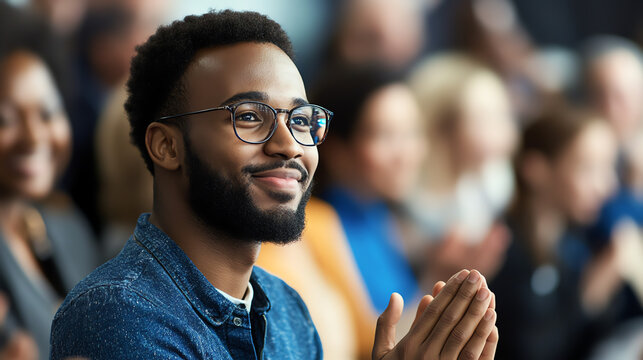 Award recipient looking emotional as colleagues applaud warmly