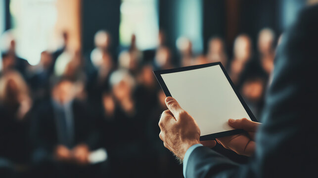 Boss handing over certificate as audience claps - Powered by Adobe