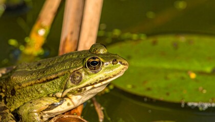 Fototapeta premium Close-up of a frog resting on a lily pad.