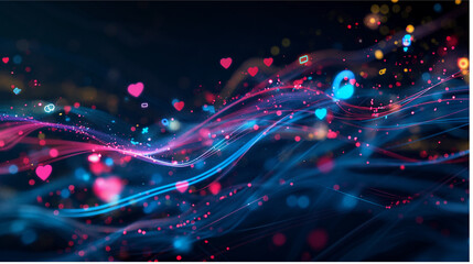 Neon Digital Wave. Hearts and Particles. Social Media.