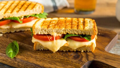 Two grilled cheese sandwiches with melted mozzarella, tomato, and spinach are displayed on a wooden cutting board.
