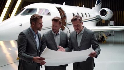 Three businessmen in suits review documents and blueprints near private jet in hangar. Corporate executives discuss business plans, contracts, and strategic partnerships in luxury aviation facility. - Powered by Adobe
