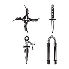 Vector art of a collection of four ninja weapons, including a shuriken, a tanto, a kunai, and nunchucks, all rendered in a graphic style