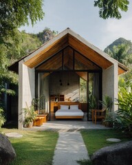 Modern, light-filled cabin nestled in lush garden