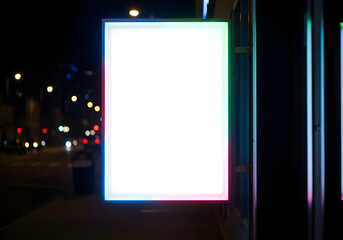 Blank Illuminated Square Sign with Vibrant Neon Edges at Night in Urban City Setting, Perfect for Mockup and Copy Space
