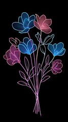 Neon flowers bouquet on black