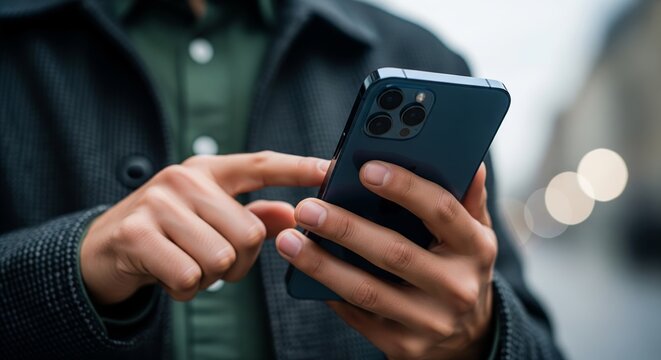 Connected in the City: A man engages with his smartphone, navigating the bustling cityscape with connectivity, showcasing technology's role in modern urban life.