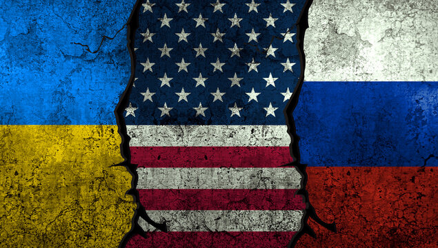 Mediation between Ukraine and Russia by United States of America, concept background with flags on the wall. War, conflict, resolution, political