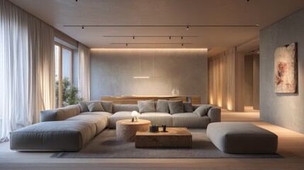 Modern living space featuring a large sectional sofa, wooden accents, and warm ambient lighting