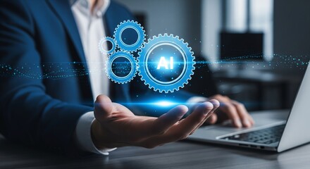 AI Integration in Business: An executive embodies the potential of artificial intelligence, with holographic gears and the AI emblem shining, representing the power of technology