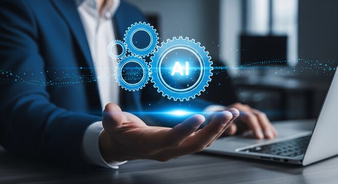 AI Integration in Business: An executive embodies the potential of artificial intelligence, with holographic gears and the AI emblem shining, representing the power of technology