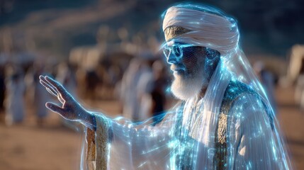 Focused medium shot of a glowing hologram imam gesturing during a sermon with indistinct desert outpost figures and sand dunes providing a soft blurred backdrop.
