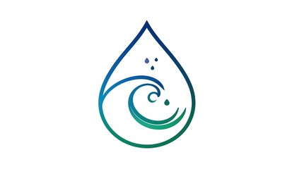 A stylized graphic design depicts a water drop with a spiraling wave design, showcasing a blend of gradient teal and blue hues.