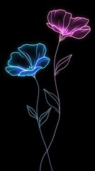 Two vibrant, neon flowers on a black background