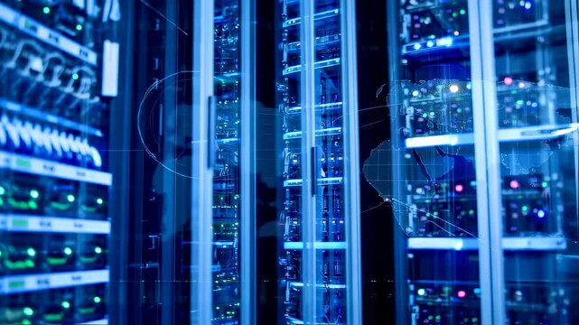 Data center servers storing digital information with world globe overlay graphic - Powered by Adobe