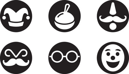 Silhouette Icons of Fun and Playful Symbols Presenting Jester, Bauble, Mustache, and Glasses