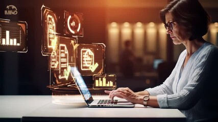 Professional woman analyzing business data through holographic dashboard interface. Digital analytics visualization with charts, graphs, kpi metrics on laptop. Modern corporate workspace technology - Powered by Adobe