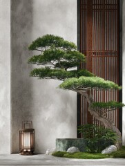 Zen garden with bonsai and lantern