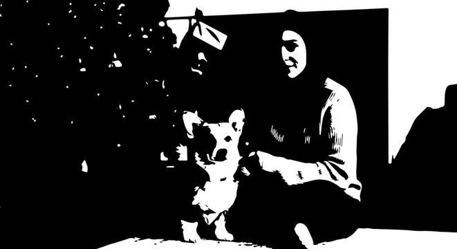 Highcontrast black and white graphic of two people posing with their small Corgi dog.