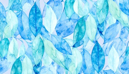 A delicate pattern of various shades of blue and teal watercolor leaves creates a tranquil and airy design.