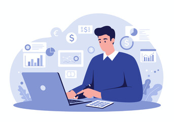 Man analyzing financial data on a laptop with calculator and charts.