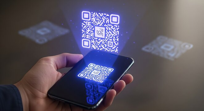 Decoding the Digital Realm: A close-up shot depicts a hand holding a sleek, modern smartphone displaying a radiant, glowing QR code, with multiple ethereal.