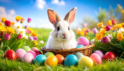 A charming white rabbit sits in a woven basket filled with colorful Easter eggs amongst a vibrant display of flowers and greenery.