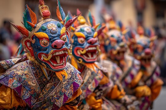 Masked dancers performing traditional cham dance in bhutan