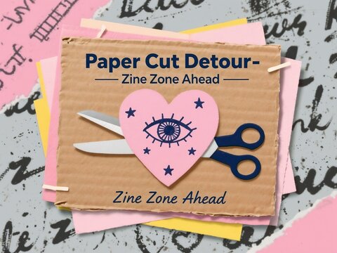 Creative design featuring a cardboard sign with bold blue text, scissors, a pink heart with an eye, and pastel colored layered paper on a gray surface.