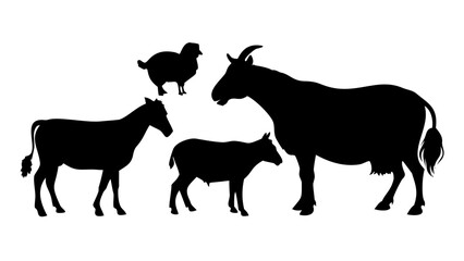 Silhouette animal farm livestock vector art featuring goat sheep donkey and cow design element for projects