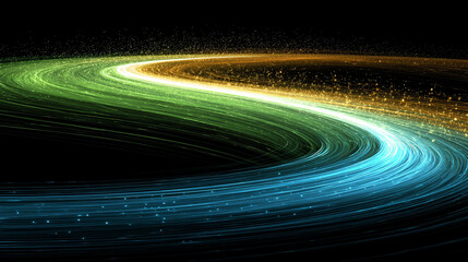 Blue and green round swirl of light with glowing circular motion, abstract neon energy waves forming a vibrant futuristic spiral pattern on dark background.