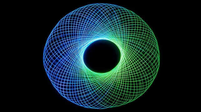 Blue and green round swirl of light with glowing circular motion, abstract neon energy waves forming a vibrant futuristic spiral pattern on dark background. - Powered by Adobe