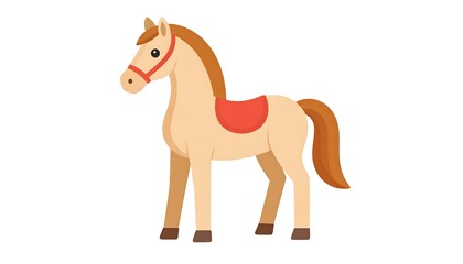 A light beige horse with a reddish-brown mane and tail, a red saddle, and a light beige bridle stands against a plain white background.