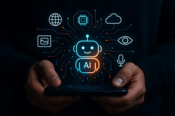 Artificial intelligence ai chatbot virtual assistant technology innovation holding smartphone with neon digital network icons