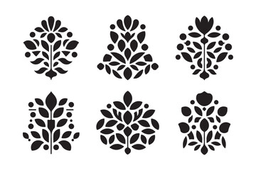 Six symmetrical black floral motifs with intricate leaf patterns