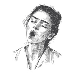 Fototapeta premium Engraving of a Young Woman Yawning with Eyes Closed