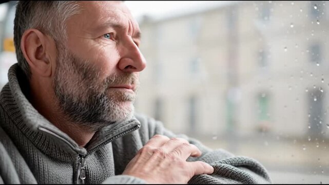 Portrait of pensive older man with gray beard and sweater looking out of bus or train window, calm and reflective expression, cold weather outside, indoor transportation setting.