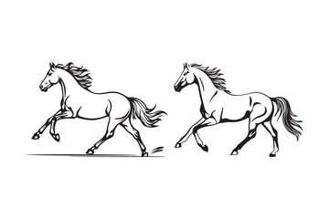 Two majestic horses galloping in a line drawing