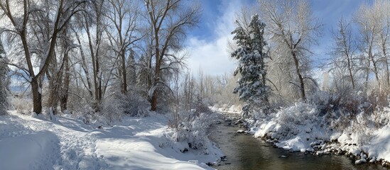 Snowy winter landscape with creek