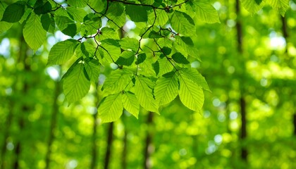 Lush green leaves, vibrant and fresh, fill the foreground of this forest scene, with softly blurred trees in the background.