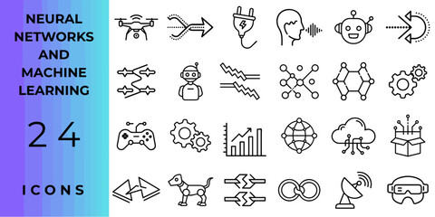 A set of icons based on neural networks and machine learning in a single design
