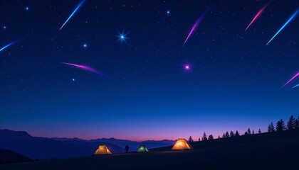 Fototapeta premium Night camping under a starry sky with meteor showers and tents shower Perseid meteor showe