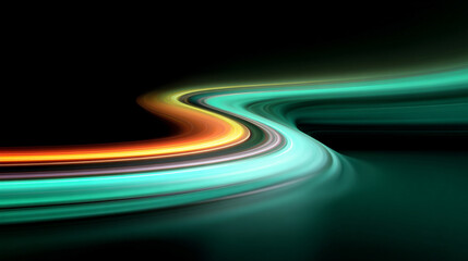 Green glowing light streaks and neon laser speed lines blur across a night road, creating curved wave motion effects with futuristic, energetic, and dynamic visual flow.