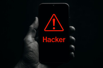 A hand holding a smartphone displaying a red warning triangle and the word hacker, symbolizing cybersecurity threats, data breaches, and digital risks