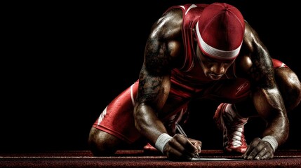 Athlete in medium shot studying deliverables checklist primary subject clear with outoffocus studio backdrop highlighting meticulous preparation and task organization.